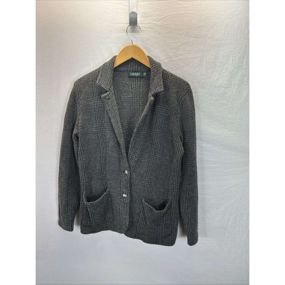 VTG L Ralph Lauren Grey tweed print Knit Sweater Blazer Old money equestrian LG